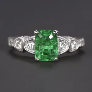 1.12ct EMERALD DIAMOND COCKTAIL RING WHITE GOLD VINTAGE STYLE NATURAL ART DECO