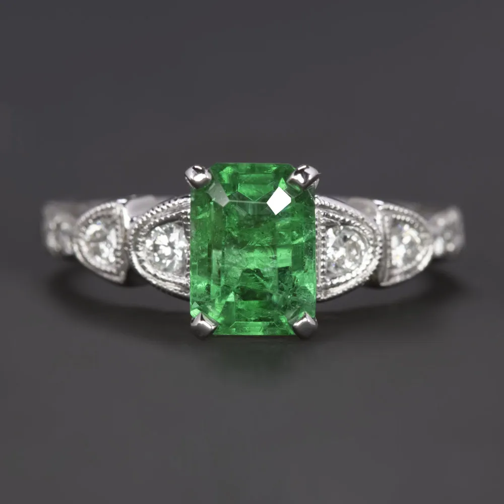 1.12ct EMERALD DIAMOND COCKTAIL RING WHITE GOLD VINTAGE STYLE NATURAL ART DECO