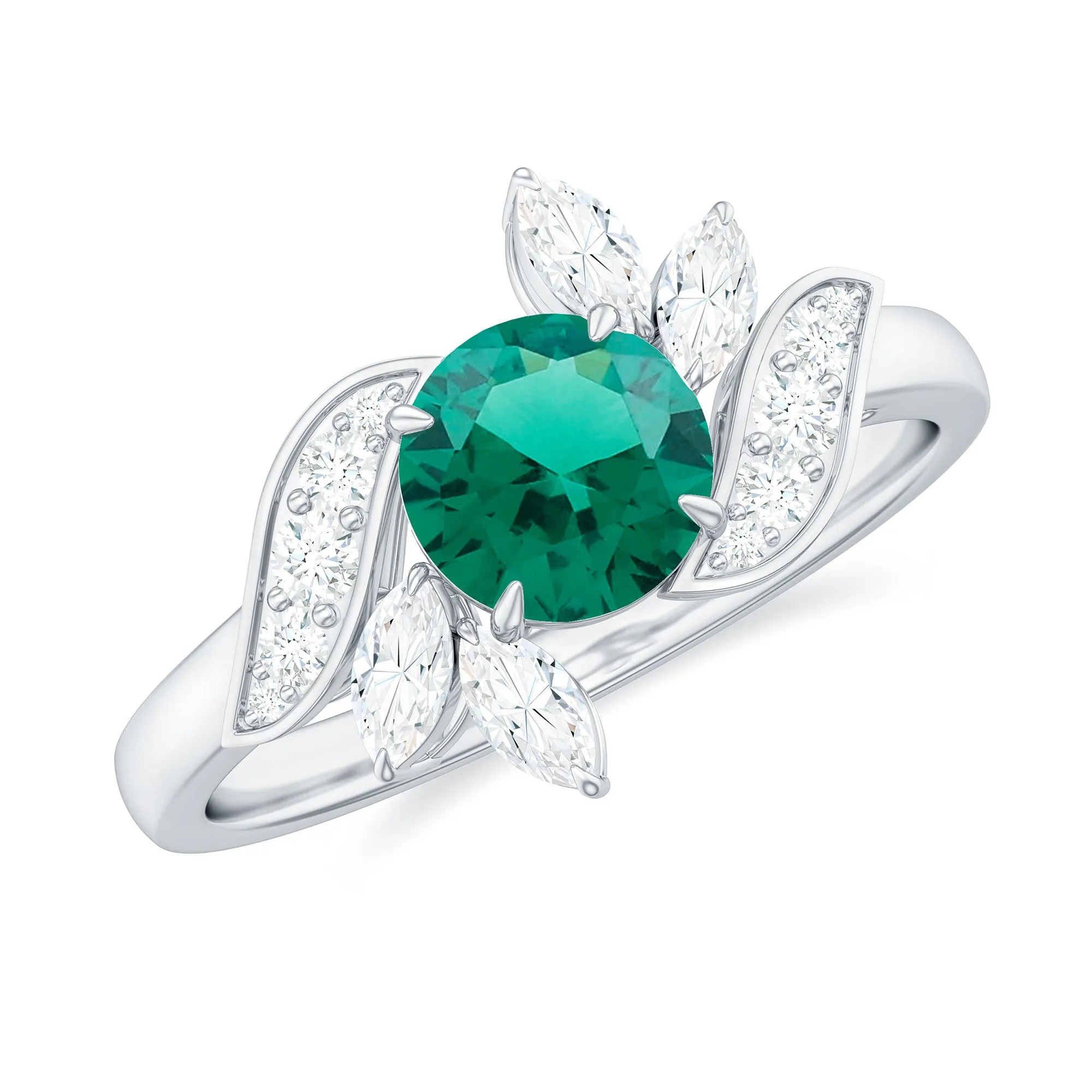 1.25 CT Round Lab Created Emerald Flower Engagement Ring with Diamond