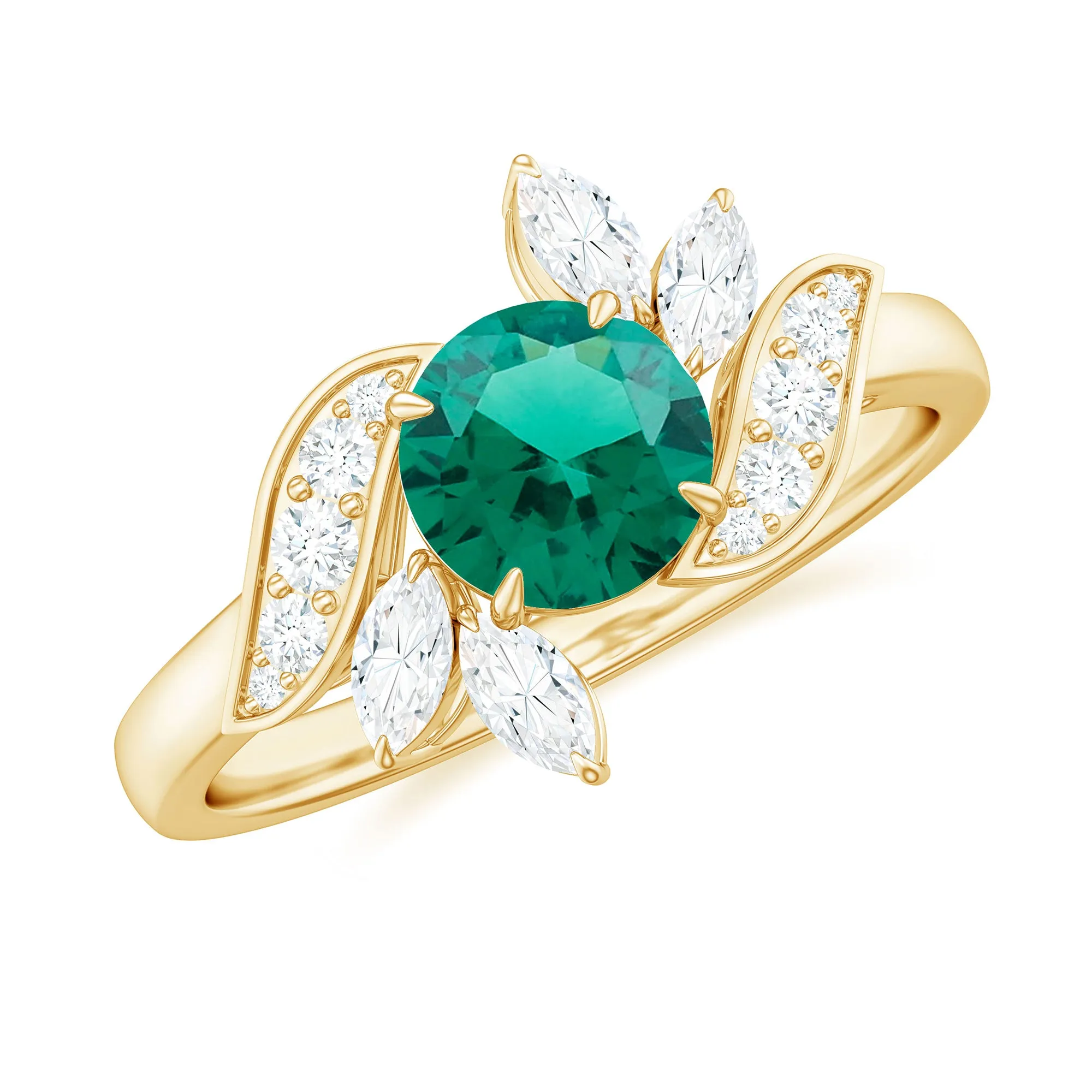 1.25 CT Round Lab Created Emerald Flower Engagement Ring with Diamond