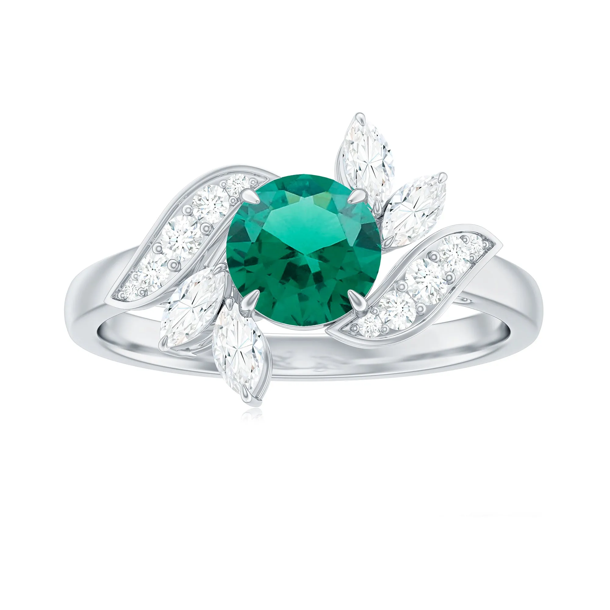 1.25 CT Round Lab Created Emerald Flower Engagement Ring with Diamond