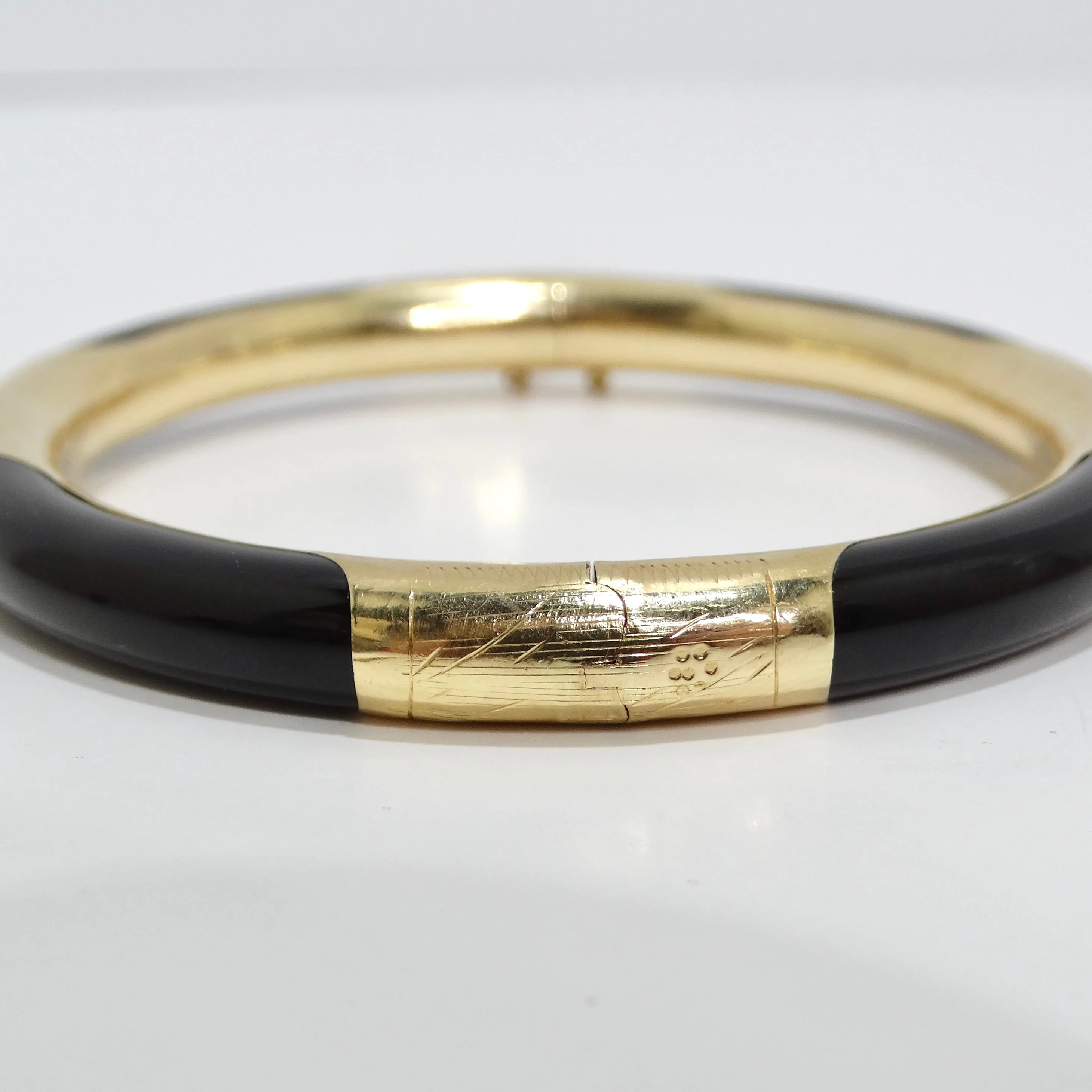 14K Gold Black Onyx Hinged Bangle Bracelet