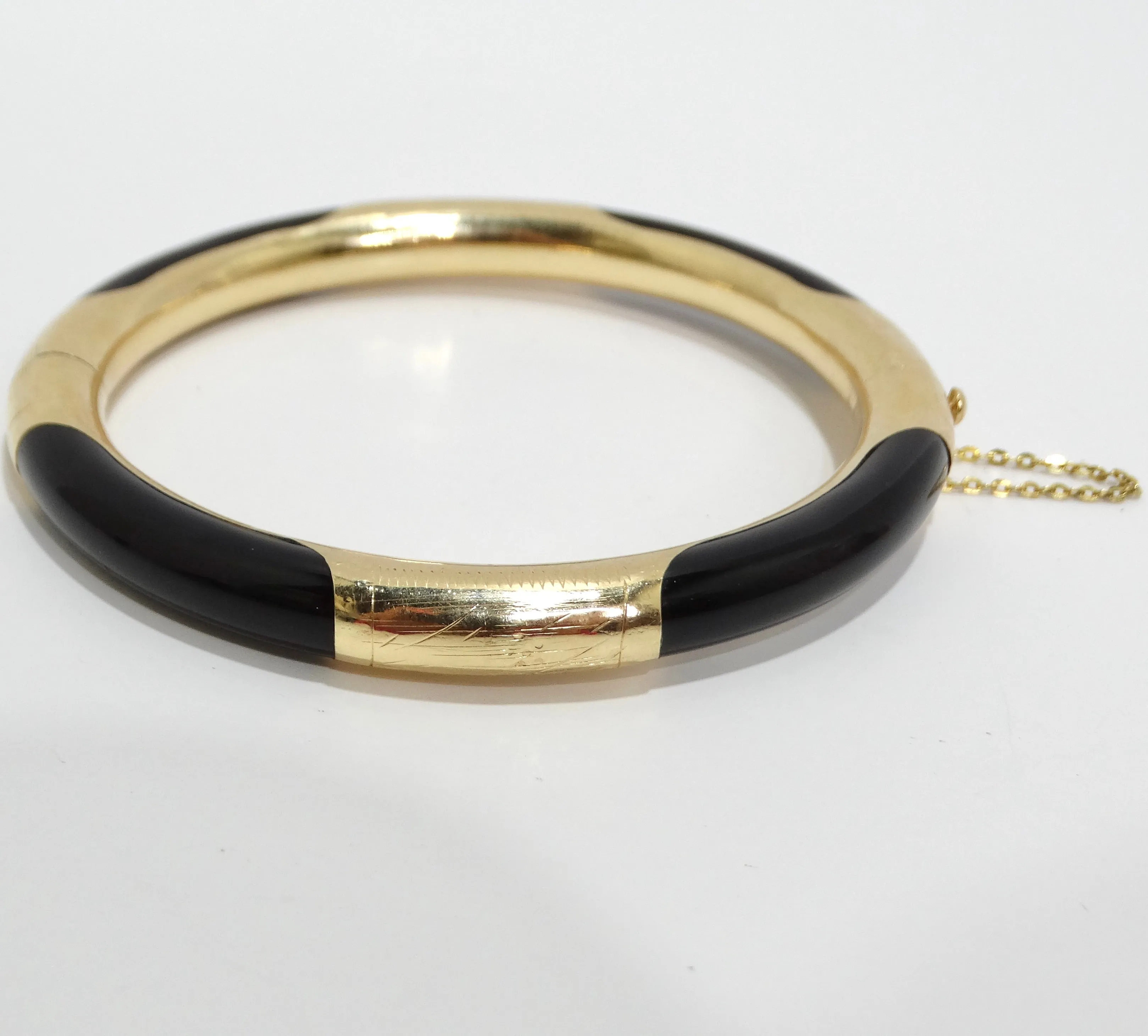 14K Gold Black Onyx Hinged Bangle Bracelet