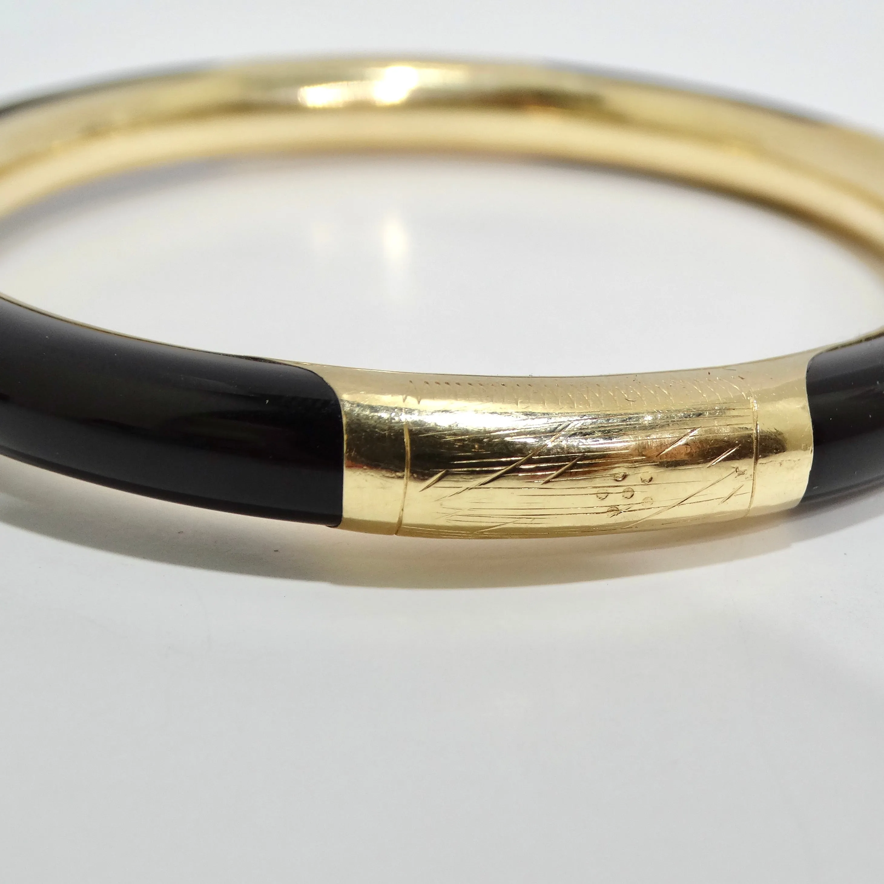 14K Gold Black Onyx Hinged Bangle Bracelet