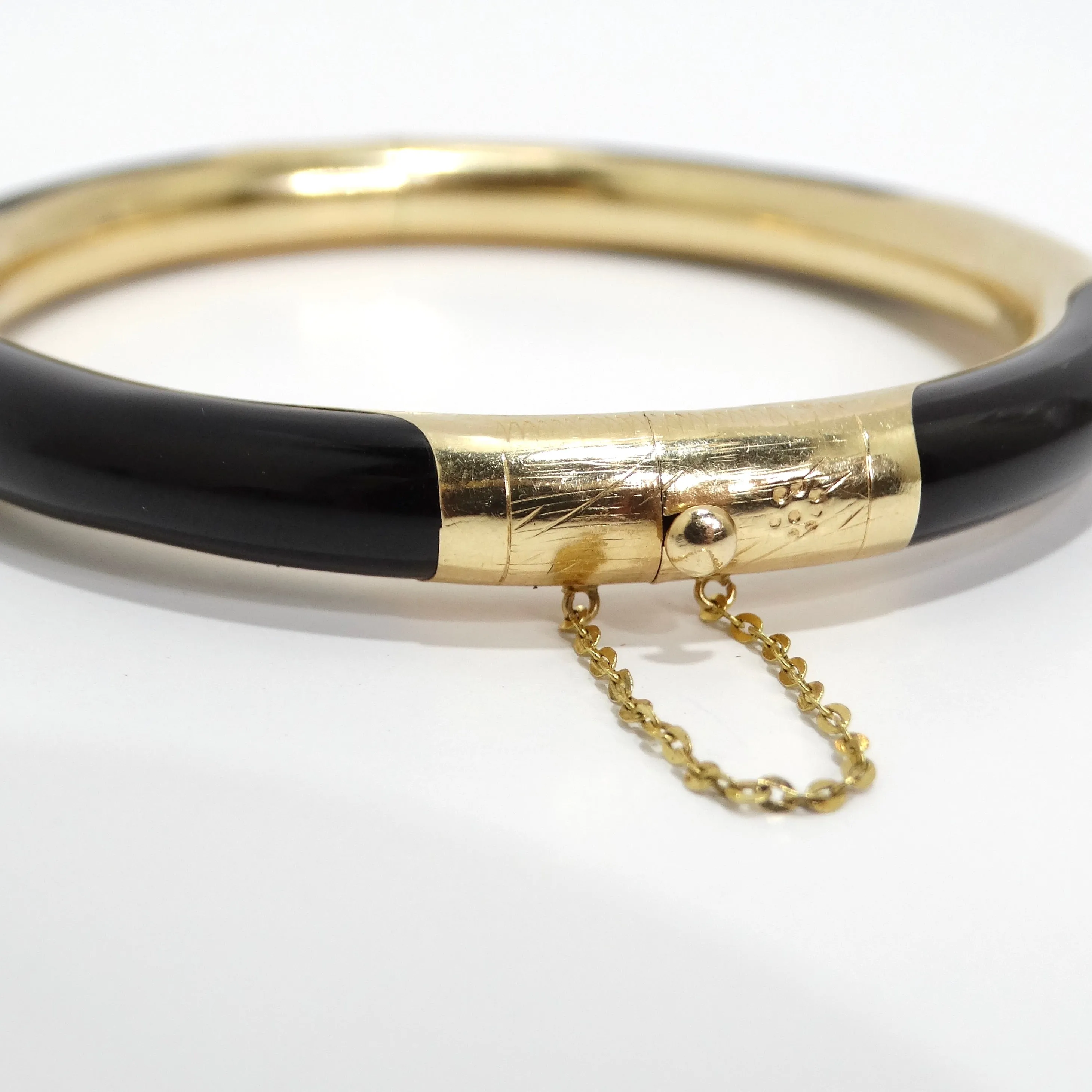 14K Gold Black Onyx Hinged Bangle Bracelet