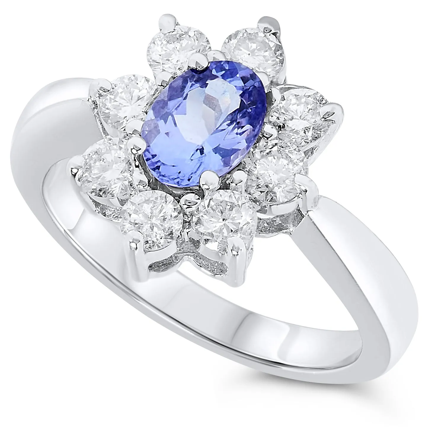 14k White Gold Oval Tanzanite and large Diamond Halo Gemstone Ring