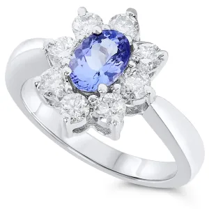 14k White Gold Oval Tanzanite and large Diamond Halo Gemstone Ring