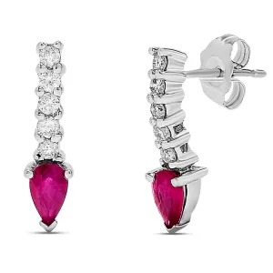 14k White Gold Pear Shape Red Ruby Gemstone and Diamond Earrings, Birthstone of July.