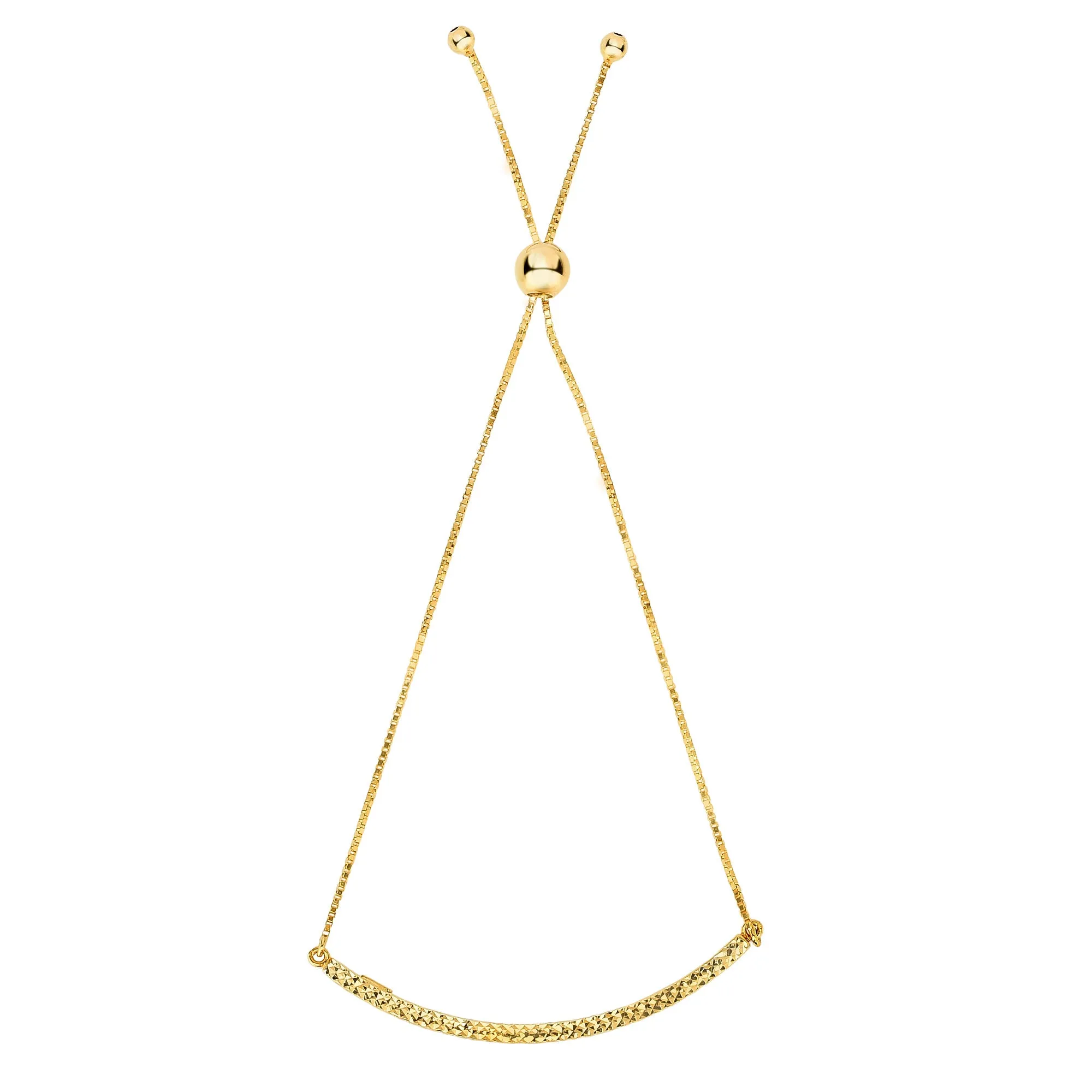 14K Yellow Gold Diamond Cut Curved Bar Element Anchored on Box Chain Adjustable Bracelet , 9.25"