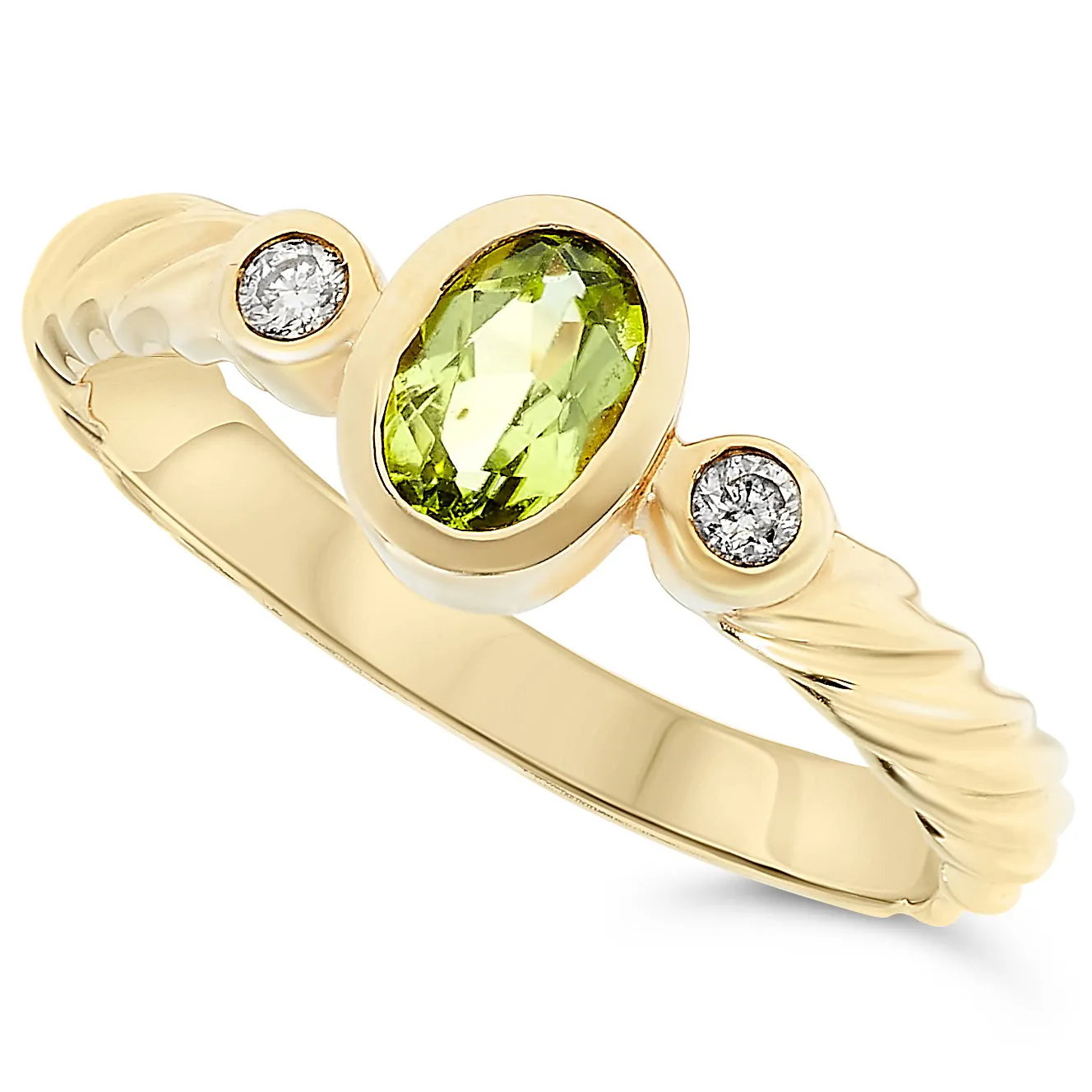 14k Yellow Gold Green Peridot Oval Gemstone and Diamond Ring, Birthstone of August