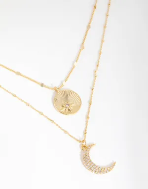 18ct Gold Plated Cubic Zirconia Moon & Coin Layered Necklace