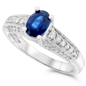 18k White Gold Oval Blue Sapphire and Diamond Studded Band Gemstone Ring