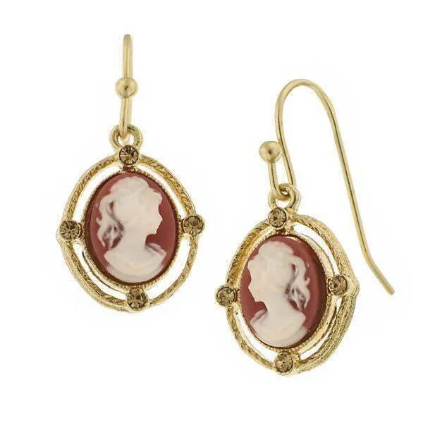 1928 Jewelry Faux Dark Carnelian Cameo Light Topaz Crystal Oval Drop Earrings