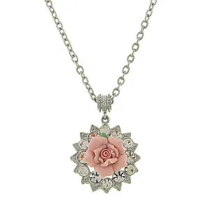 1928 Jewelry Pink Porcelain Rose Crystal Accent Pendant Necklace 16"   3" Extender