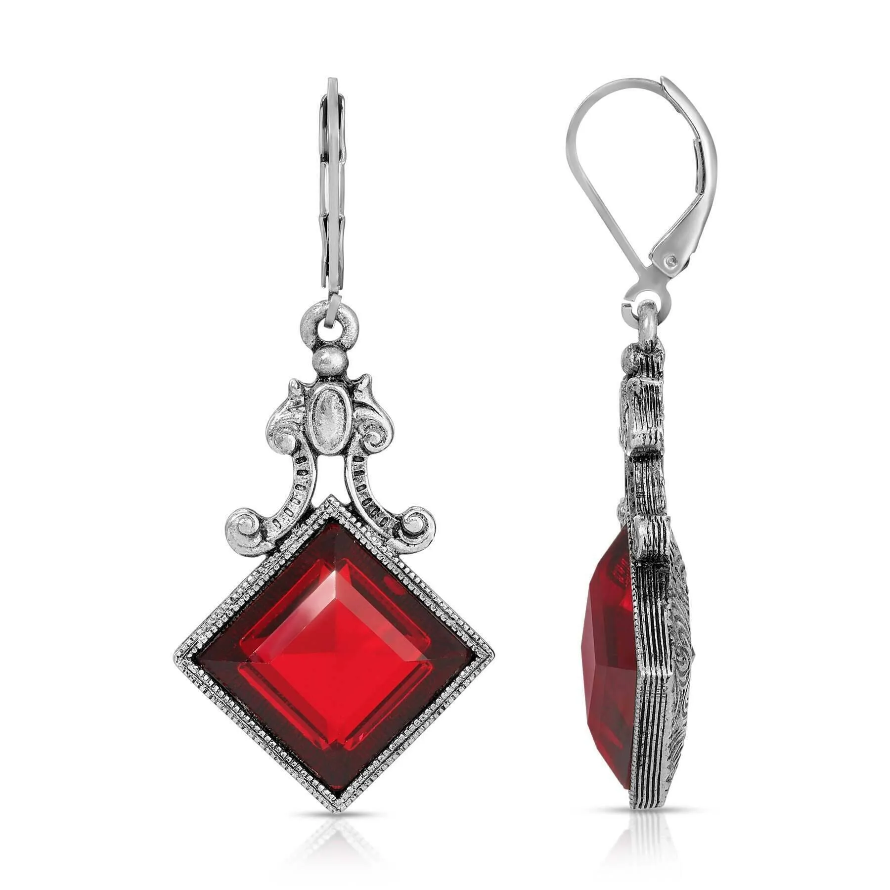 1928 Jewelry Scroll & Square Siam Red Stone Drop Earrings