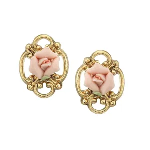 1928 Jewelry Sweet Pink Porcelain Rose Button Earrings