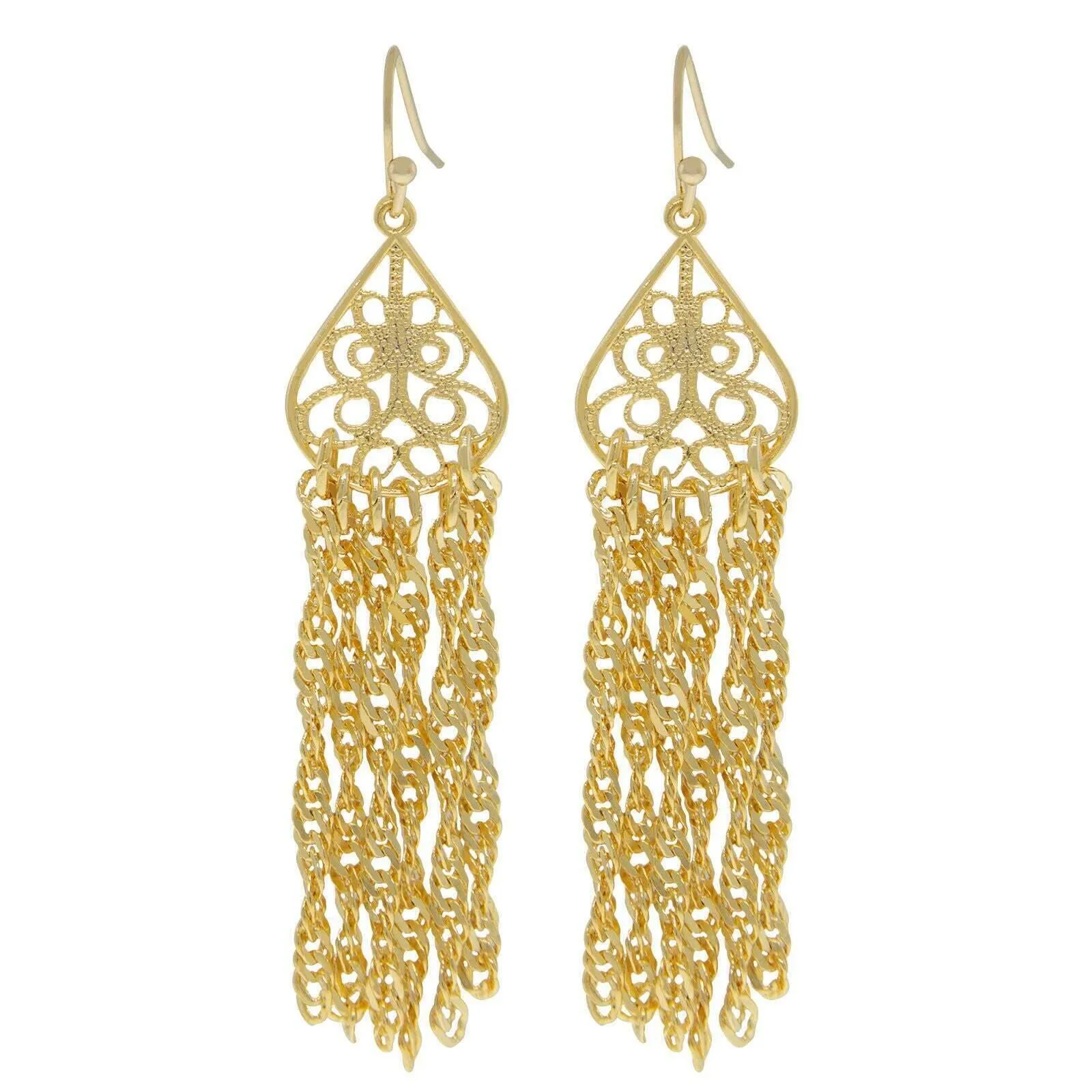 1928 Jewelry Teardrop Filigree Drop Tassel Earrings