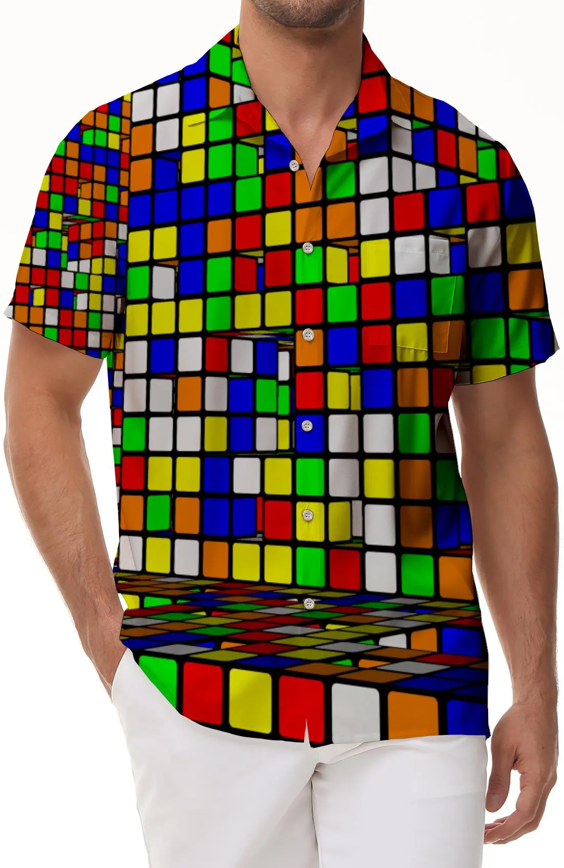 3d Printed Fantasy Cube Rainforest Hawaiian Button Mens Casual Button Printed Abstract Geometric Short Sleeve Beach Shirt Multicolor