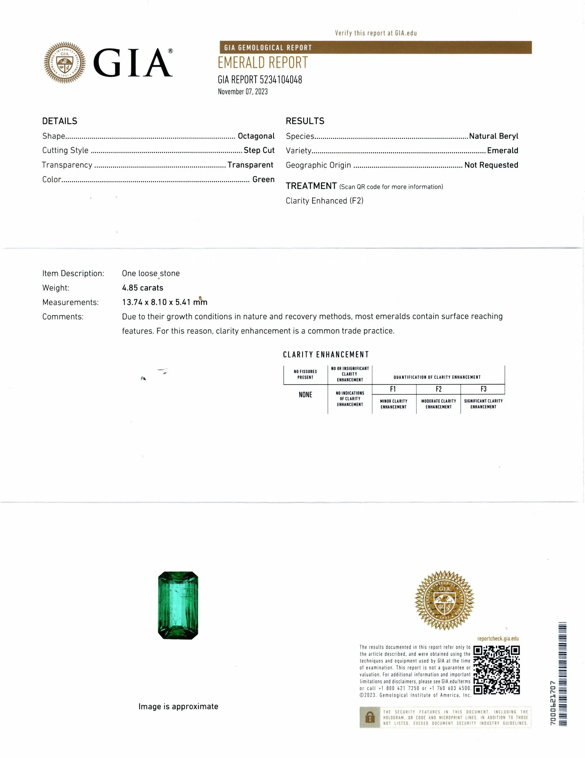 4.85ct GIA CERTIFIED EMERALD 13.7mm LONG SHAPE CUT NATURAL GREEN LOOSE GEMSTONE