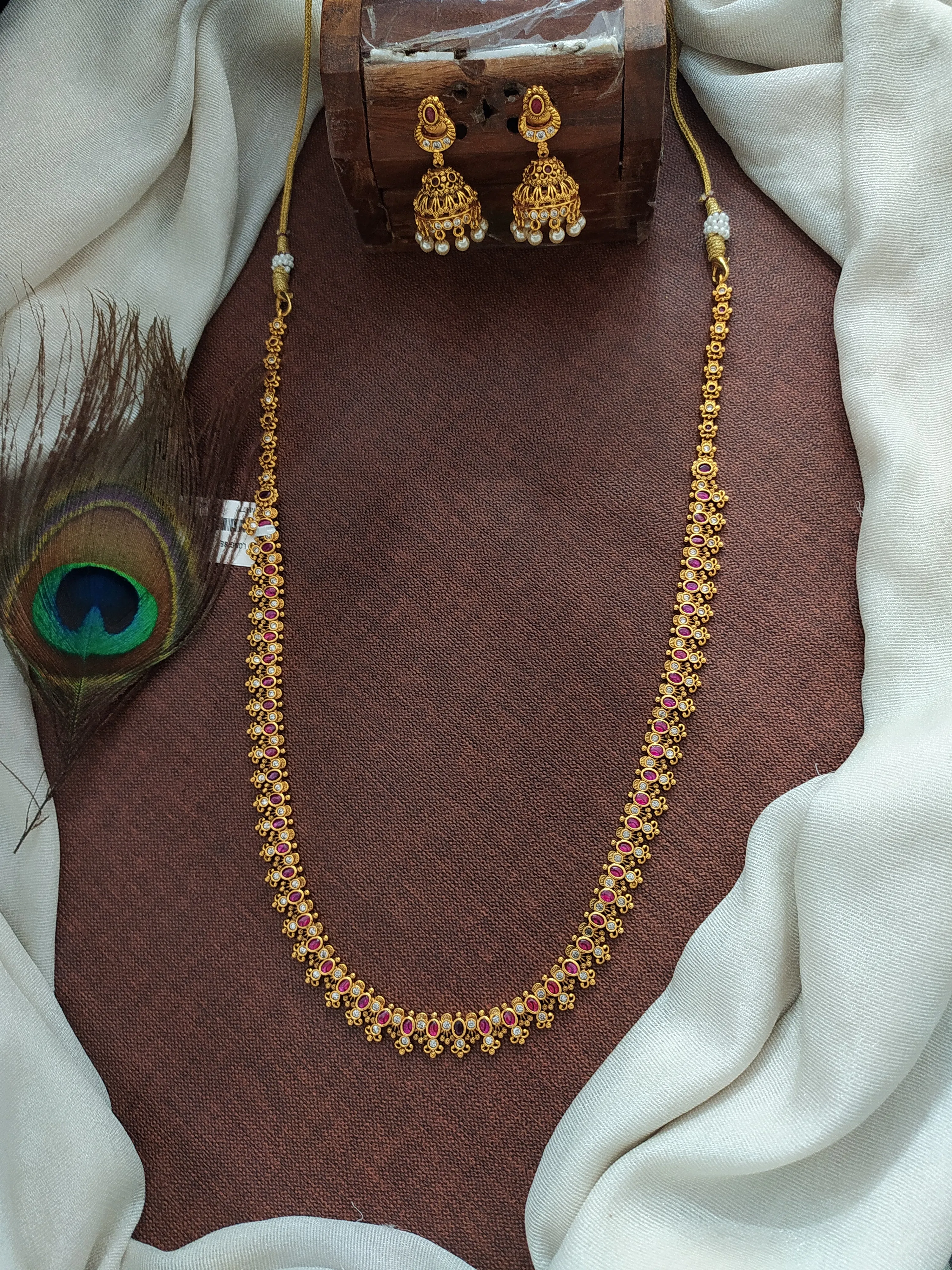 Antique Simple Long Haram Set with Pearl Jhumki