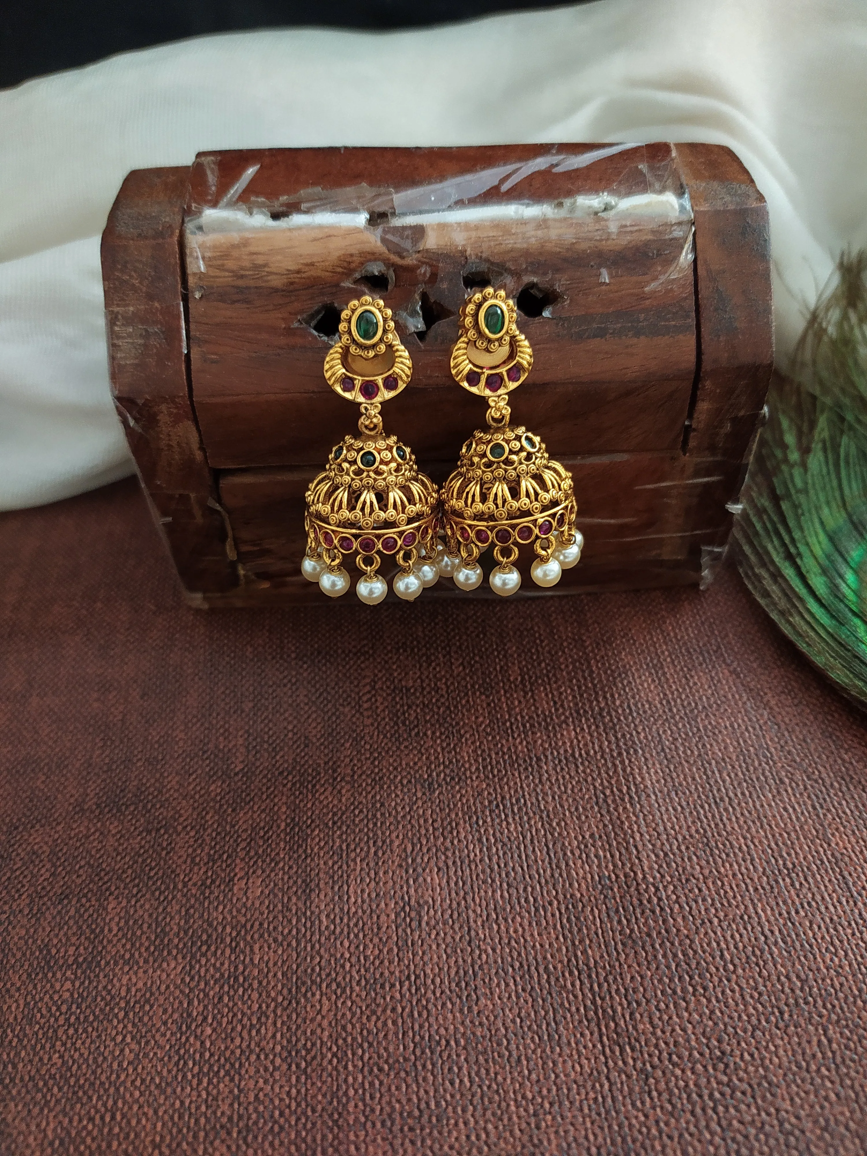 Antique Simple Long Haram Set with Pearl Jhumki