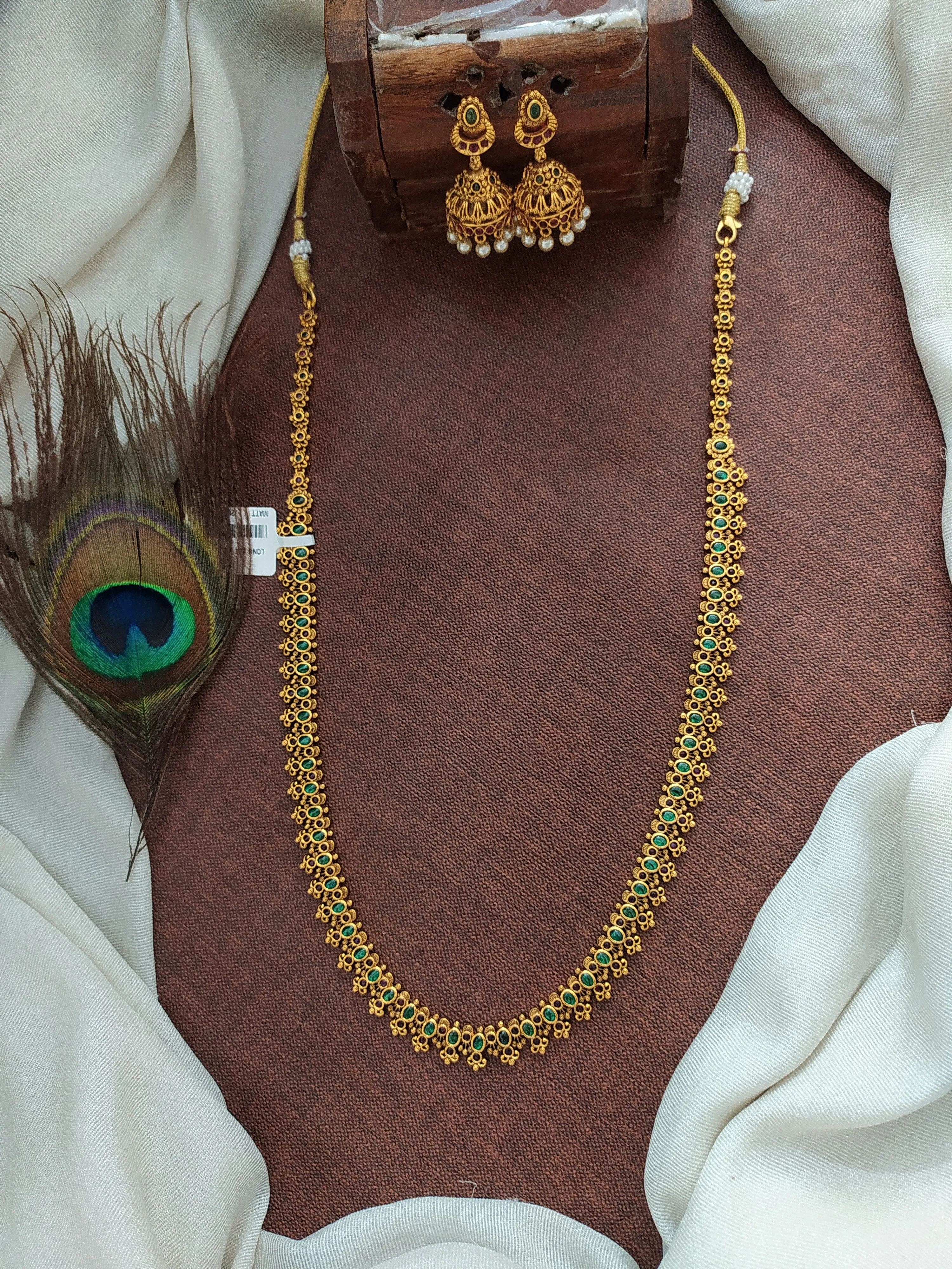 Antique Simple Long Haram Set with Pearl Jhumki