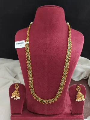 Antique Simple Long Haram Set with Pearl Jhumki