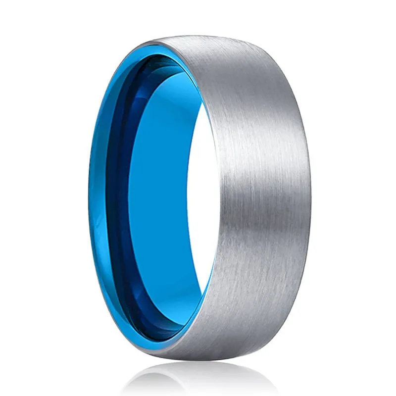 ARTIC | Blue Tungsten Ring, Silver Tungsten Ring, Brushed, Domed