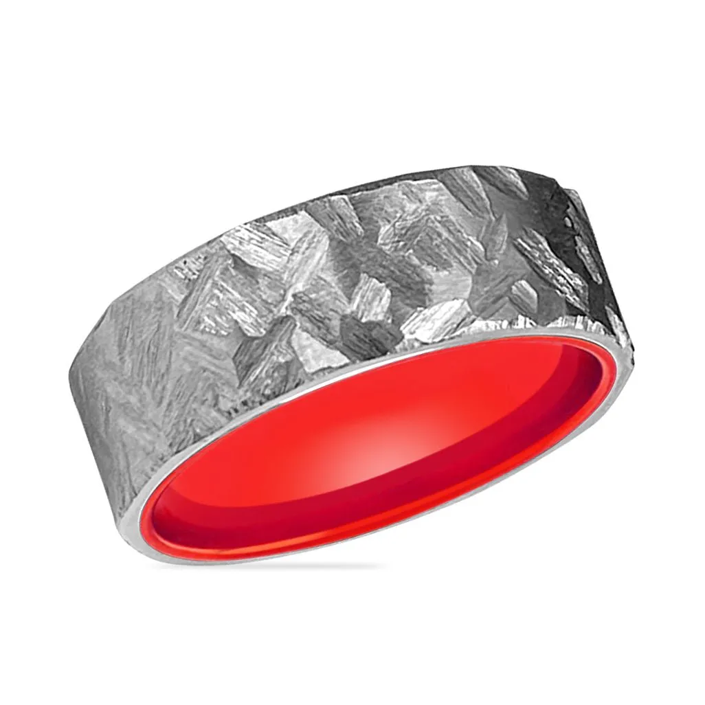 AUTUMN | Red Ring, Silver Titanium Ring, Hammered, Flat