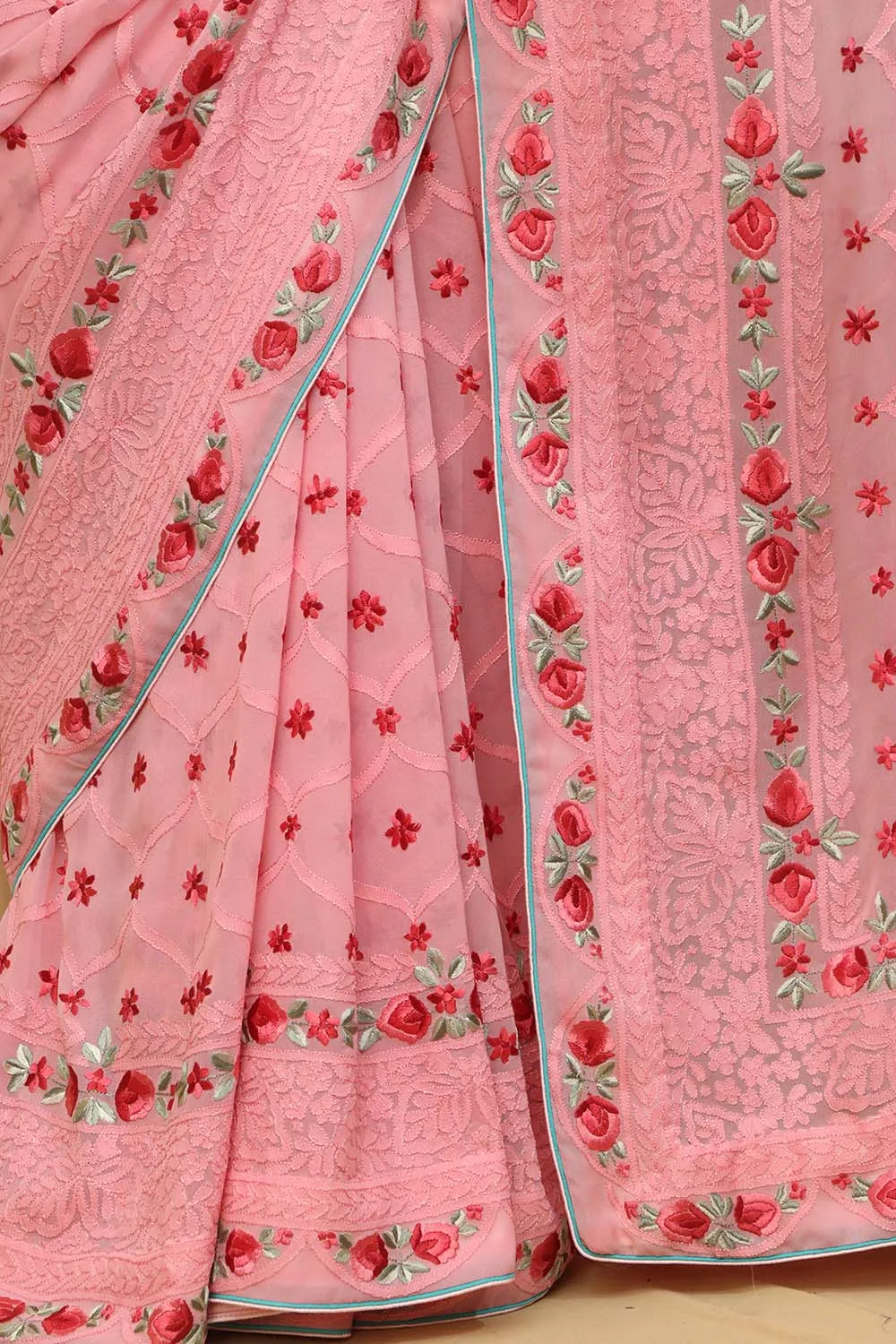 Beautiful Pink Hand Embroidered Chikankari Georgette Floral Design Saree