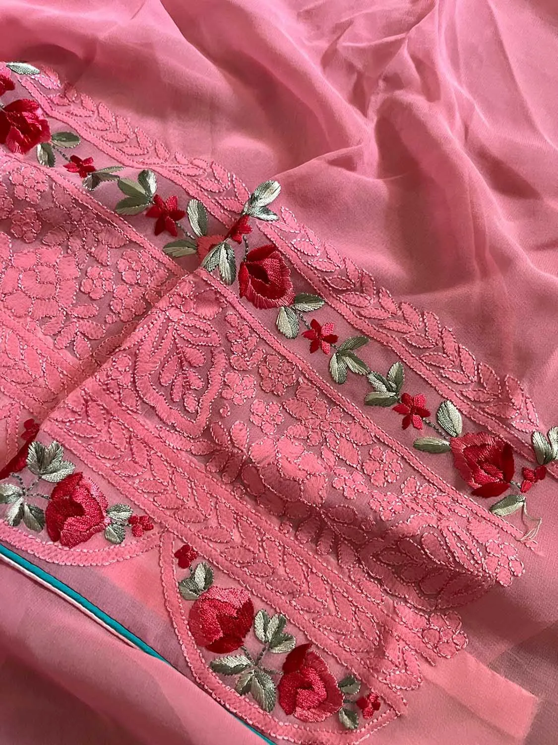 Beautiful Pink Hand Embroidered Chikankari Georgette Floral Design Saree