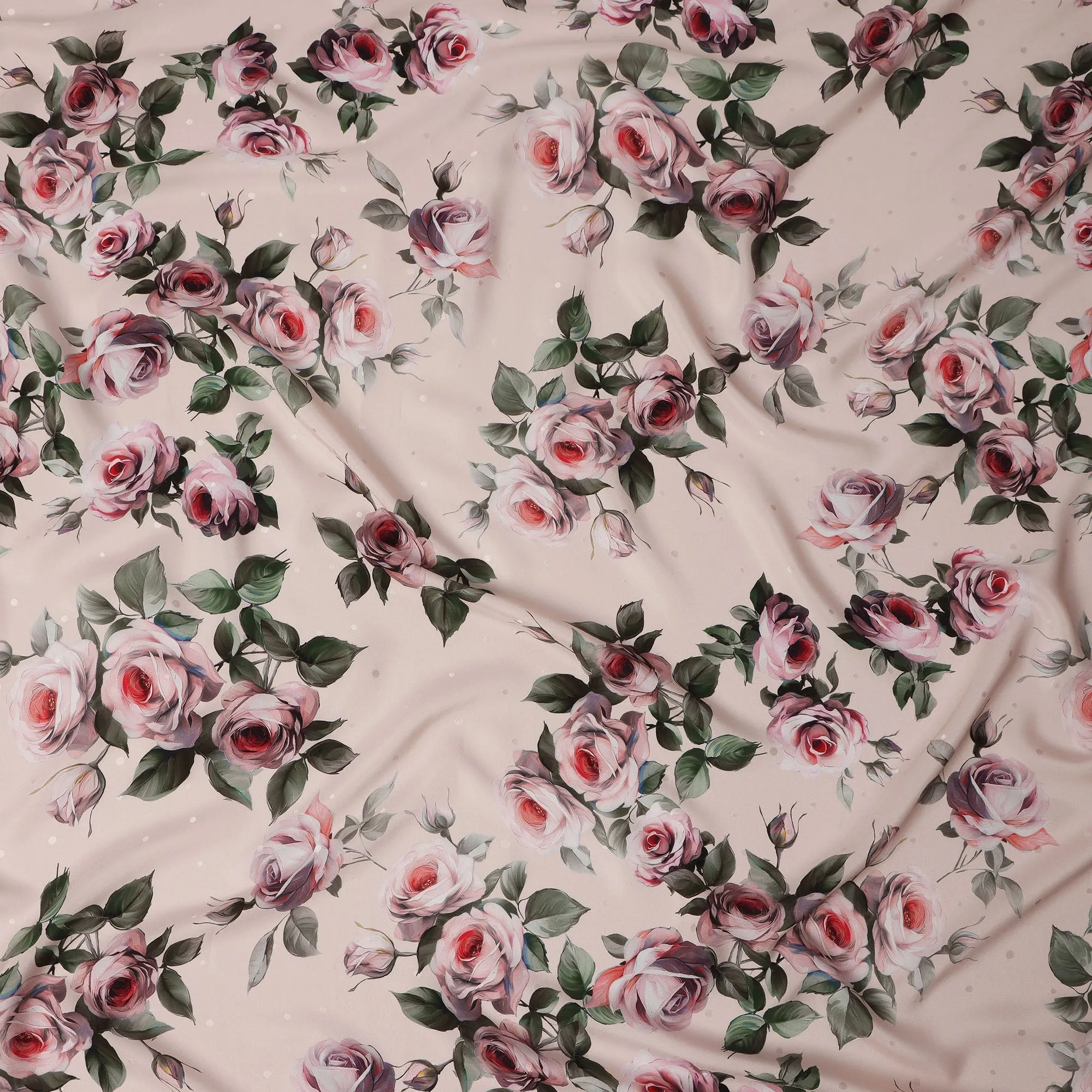 Beige and Pink Rose Print Pure Silk Satin Fabric, 140 cm Width, Made in Italy -D21173