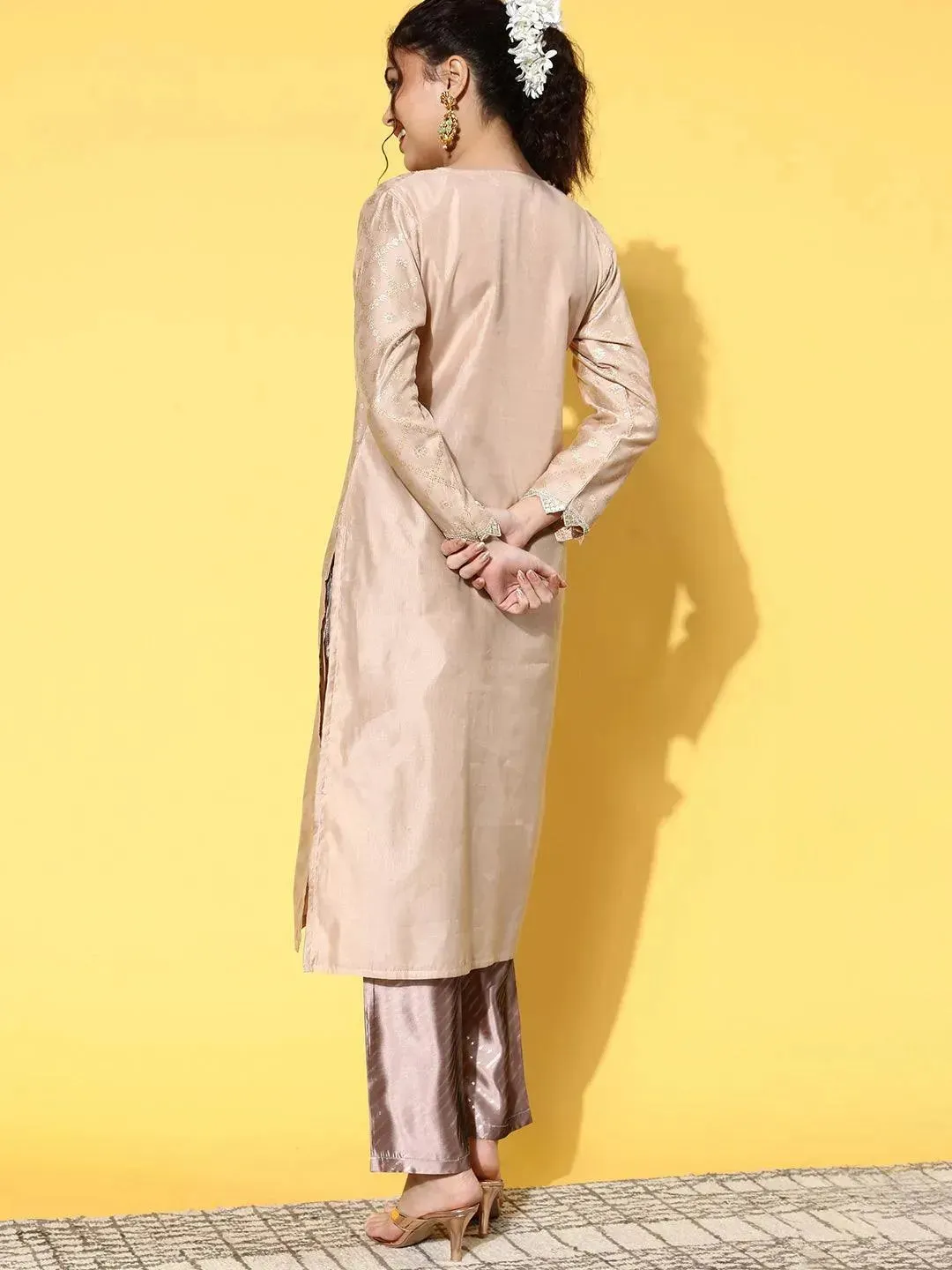 Beige Woven Design Chanderi Silk Straight Kurta