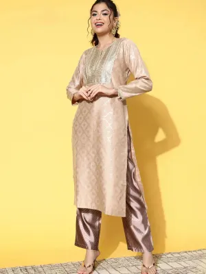 Beige Woven Design Chanderi Silk Straight Kurta