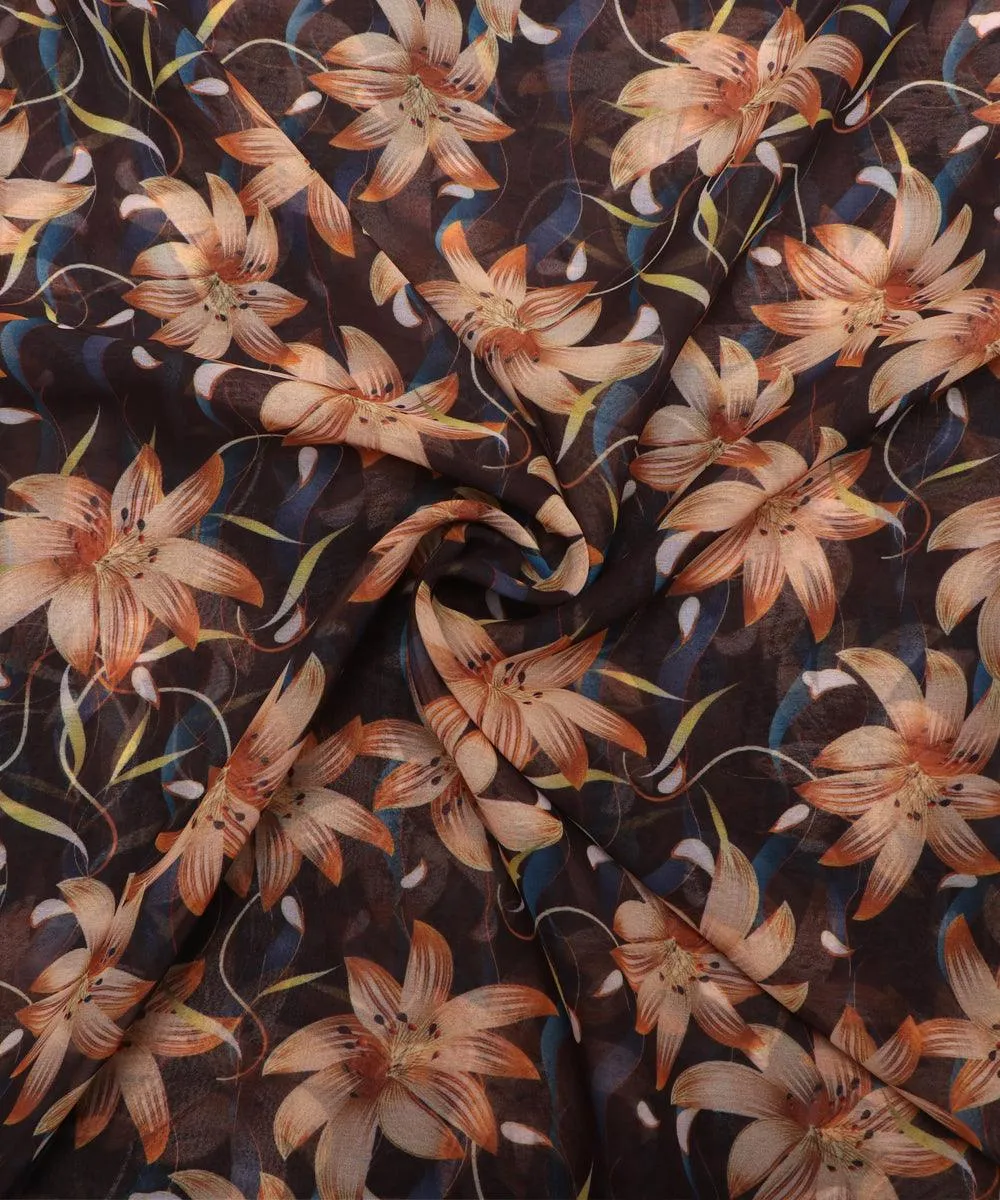 Black Colour Floral Print Georgette Fabric