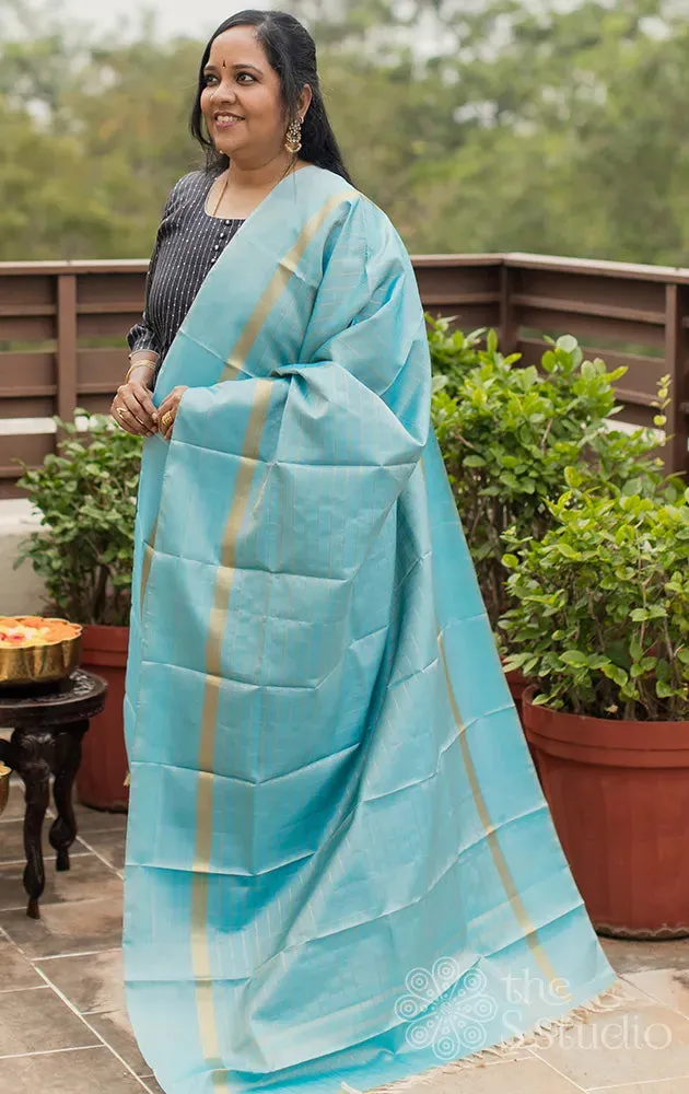 Blue checked kanchi silk dupatta