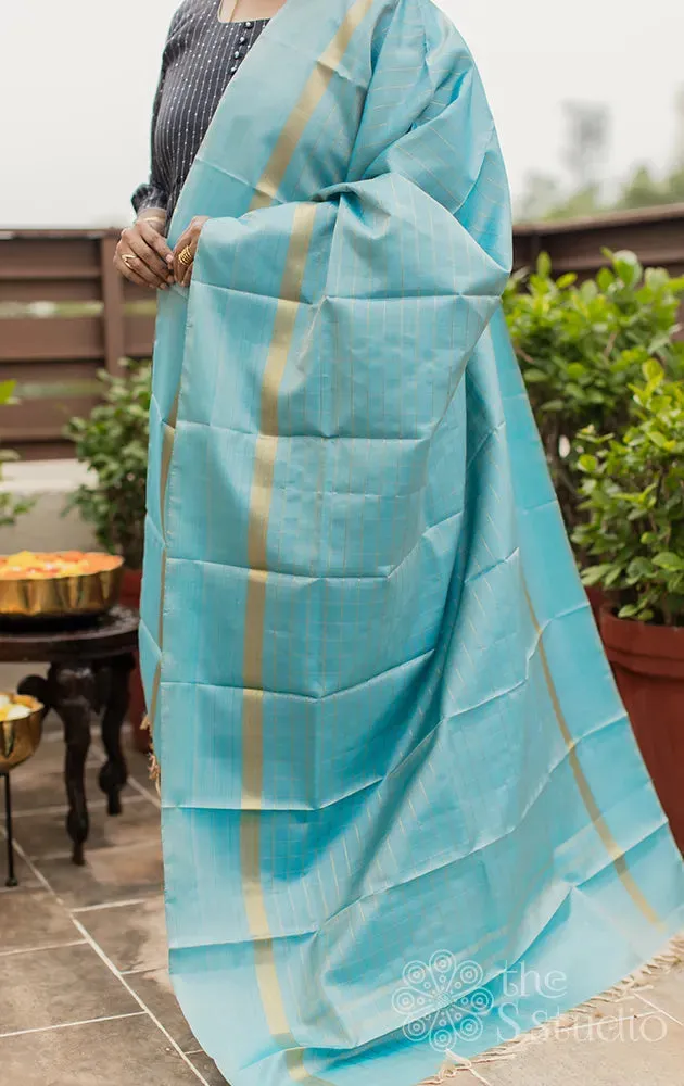 Blue checked kanchi silk dupatta