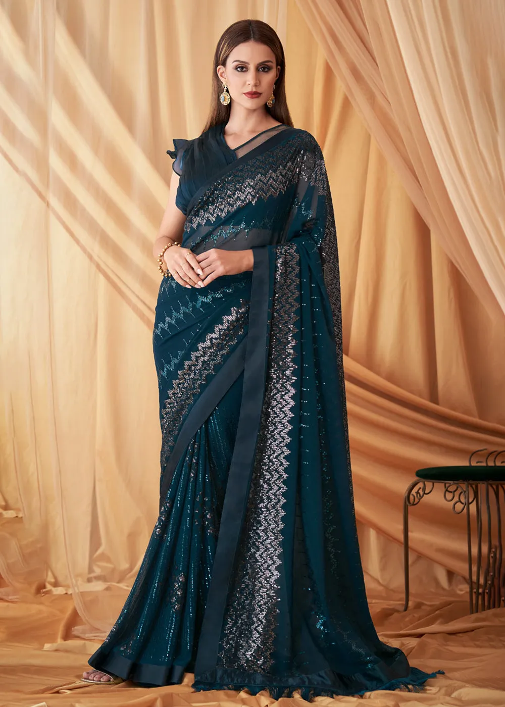 Blue Georgette Silk Embroidered Festive Party Saree