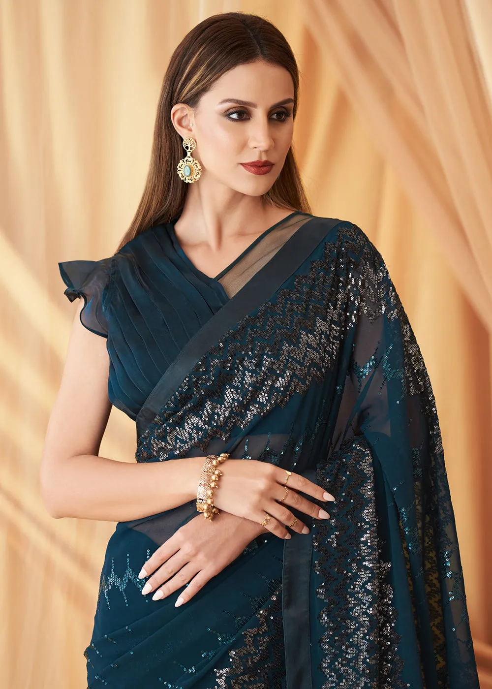 Blue Georgette Silk Embroidered Festive Party Saree