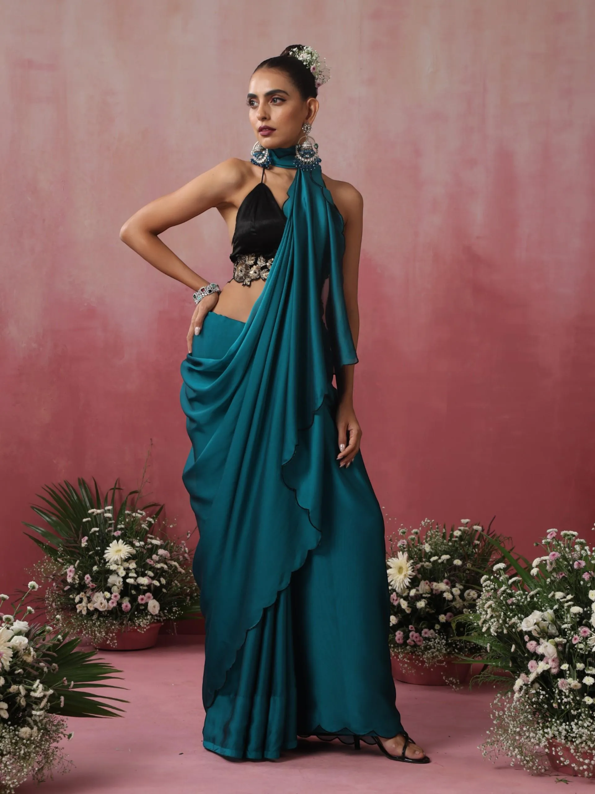 Blue Steel Dual Shade Chiffon Saree with Embroidered Scallop