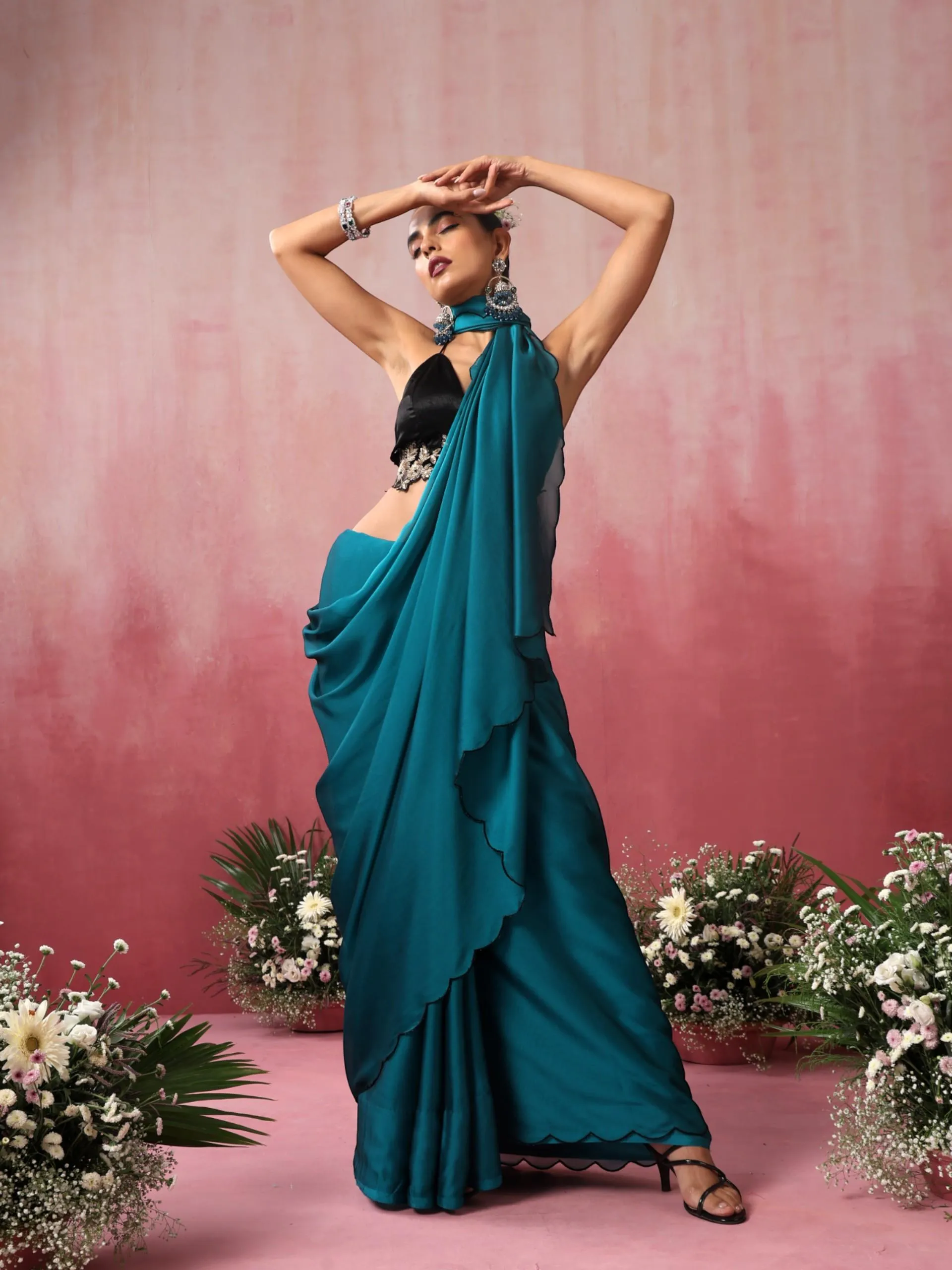 Blue Steel Dual Shade Chiffon Saree with Embroidered Scallop