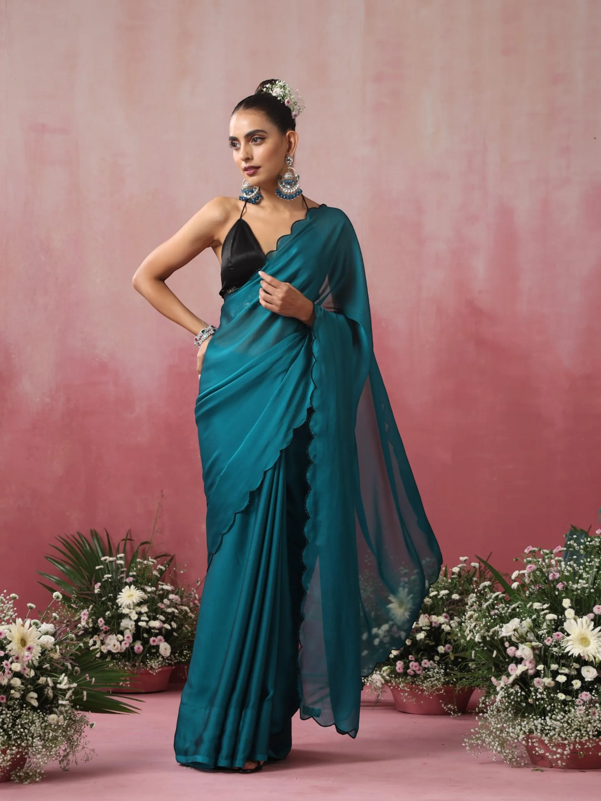 Blue Steel Dual Shade Chiffon Saree with Embroidered Scallop