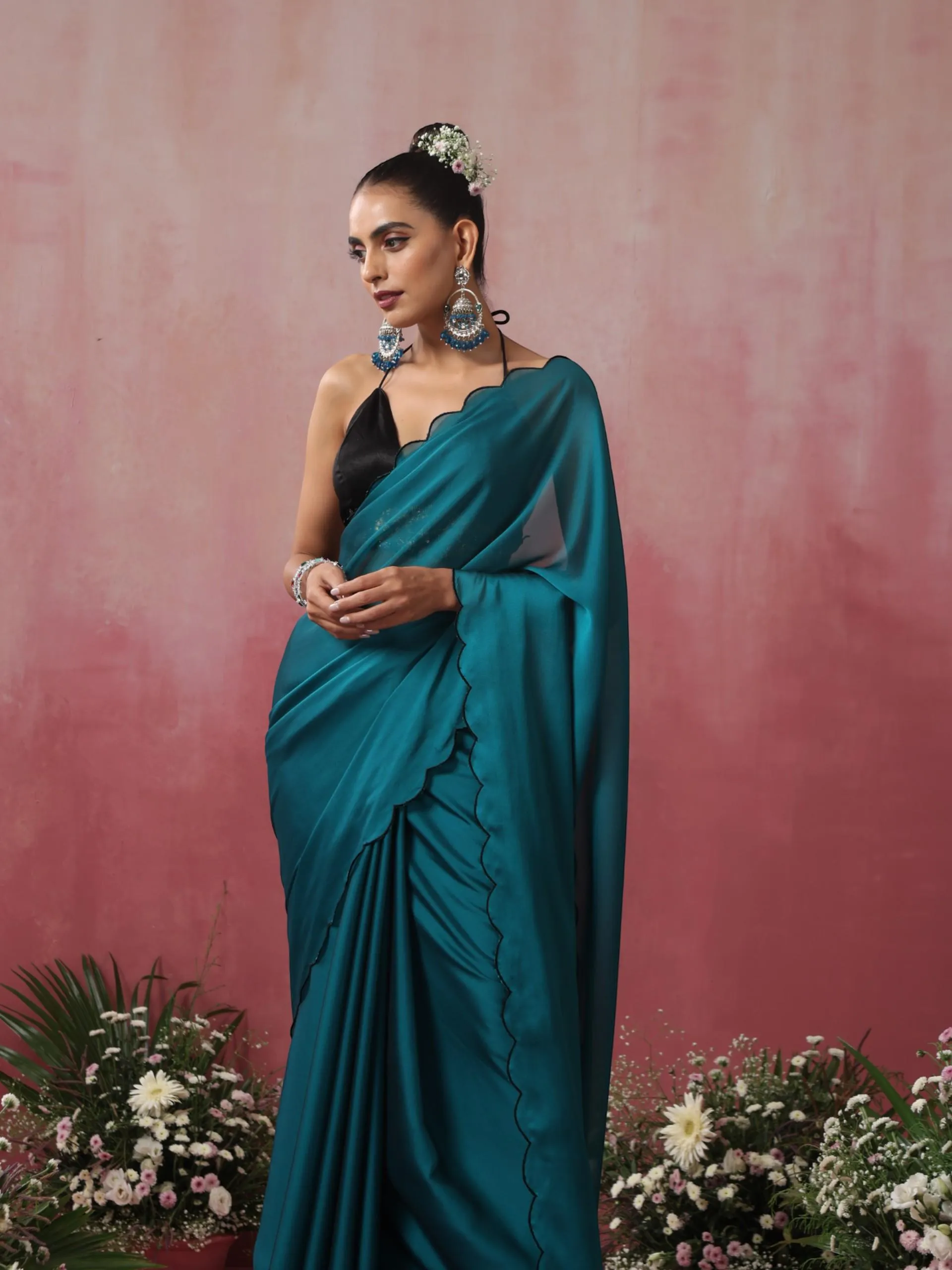 Blue Steel Dual Shade Chiffon Saree with Embroidered Scallop