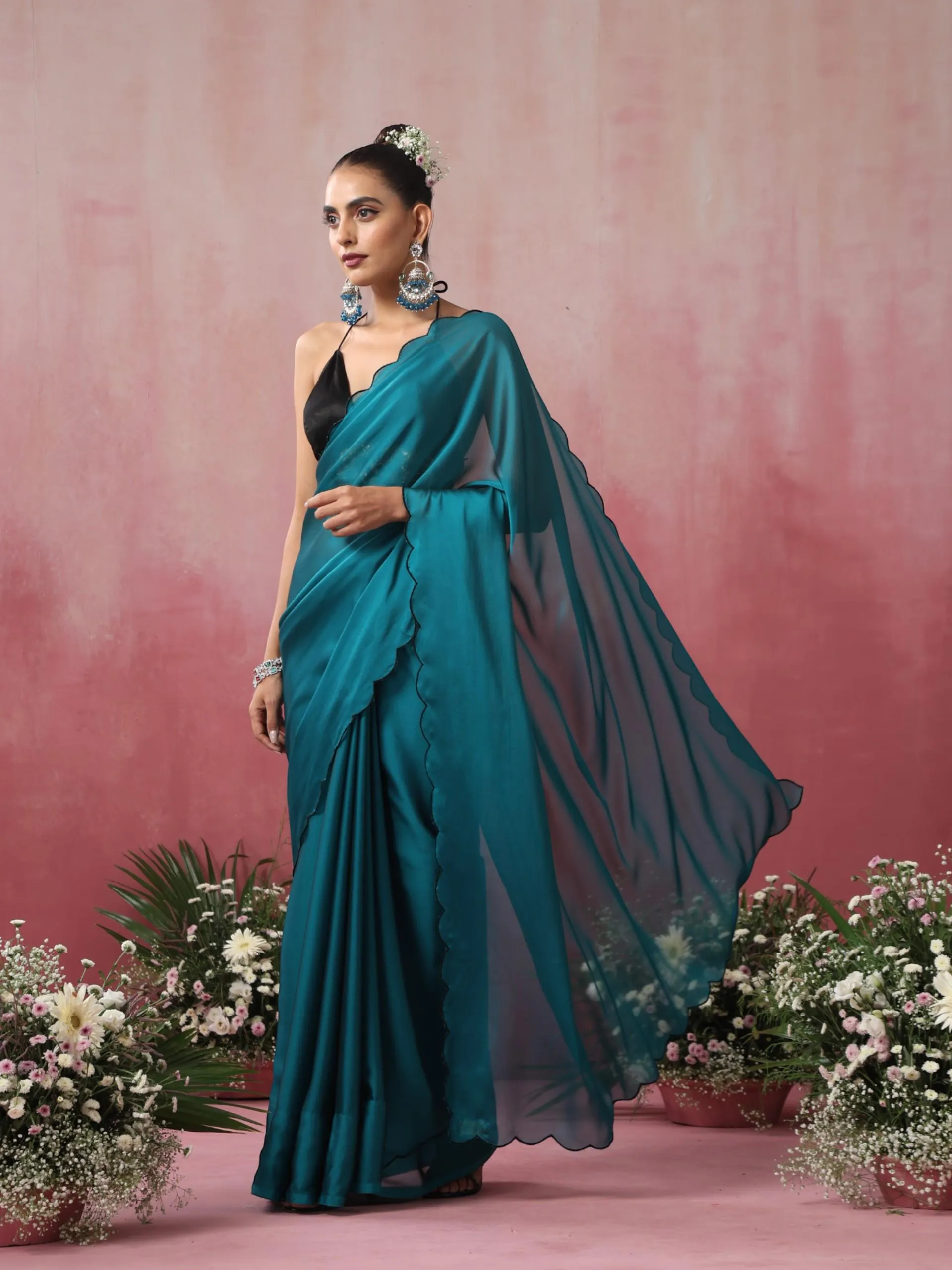 Blue Steel Dual Shade Chiffon Saree with Embroidered Scallop