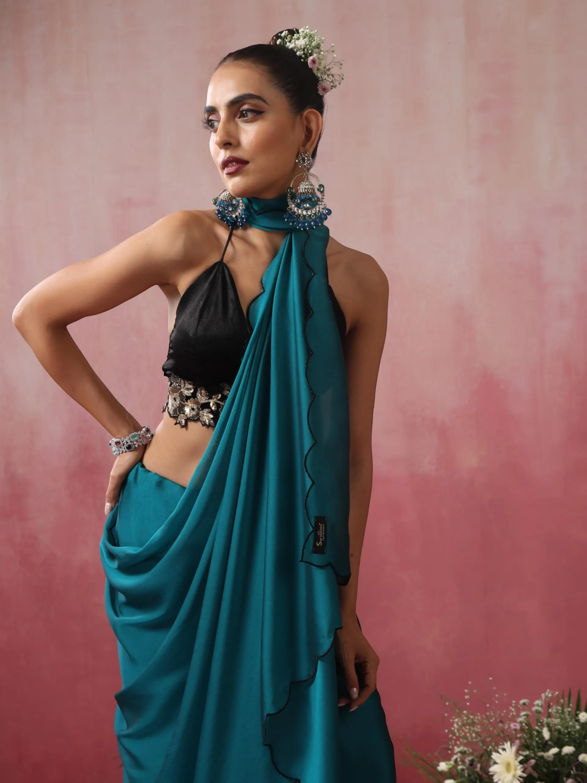 Blue Steel Dual Shade Chiffon Saree with Embroidered Scallop