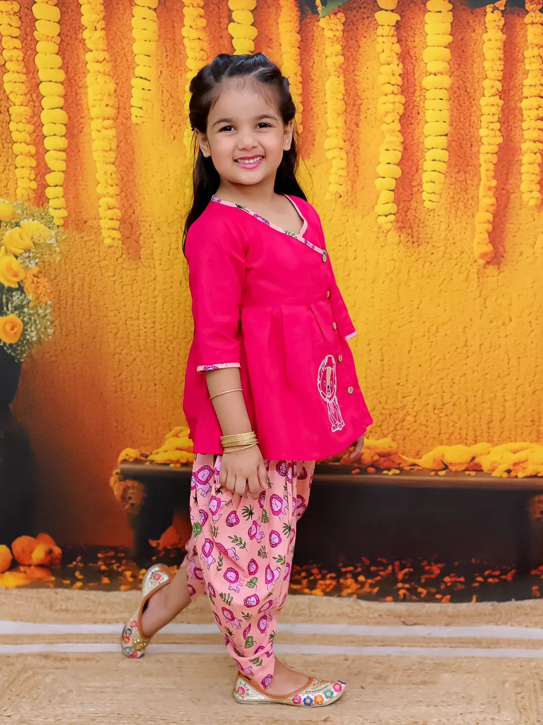 BownBee Pure Cotton Embroidered Top with Printed Dhoti For Girls- Pink