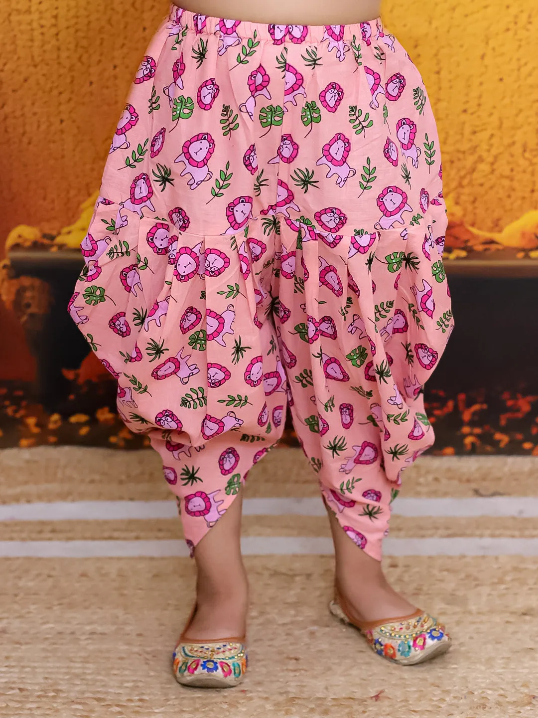 BownBee Pure Cotton Embroidered Top with Printed Dhoti For Girls- Pink