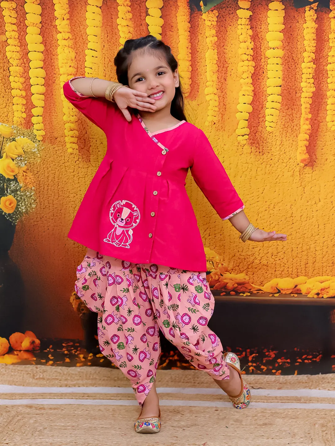 BownBee Pure Cotton Embroidered Top with Printed Dhoti For Girls- Pink