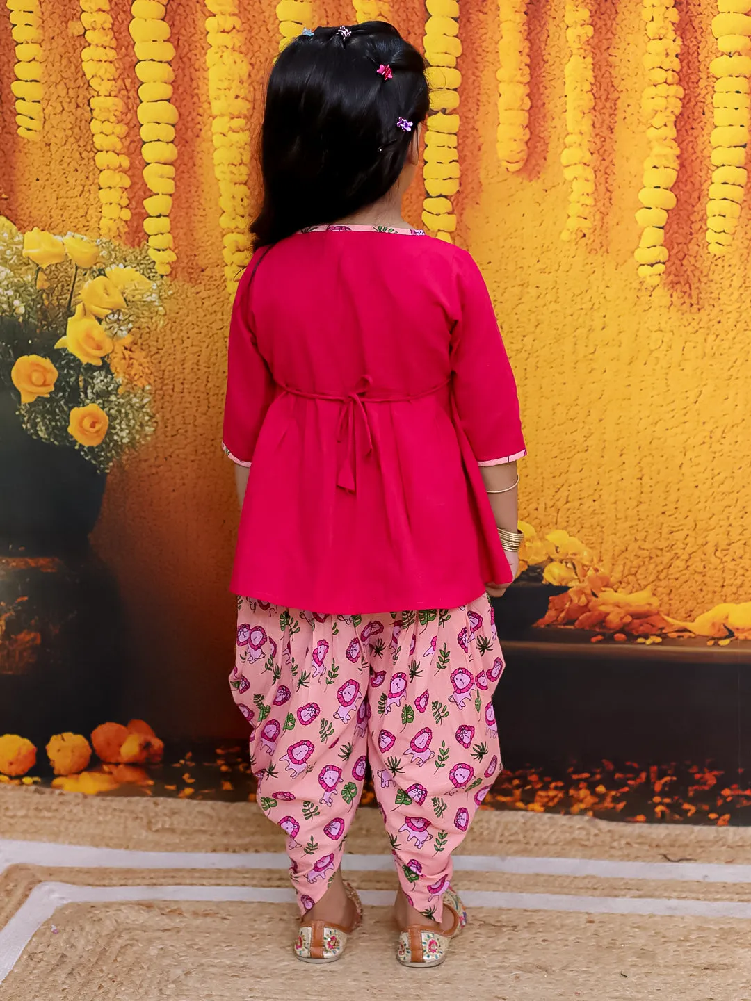 BownBee Pure Cotton Embroidered Top with Printed Dhoti For Girls- Pink