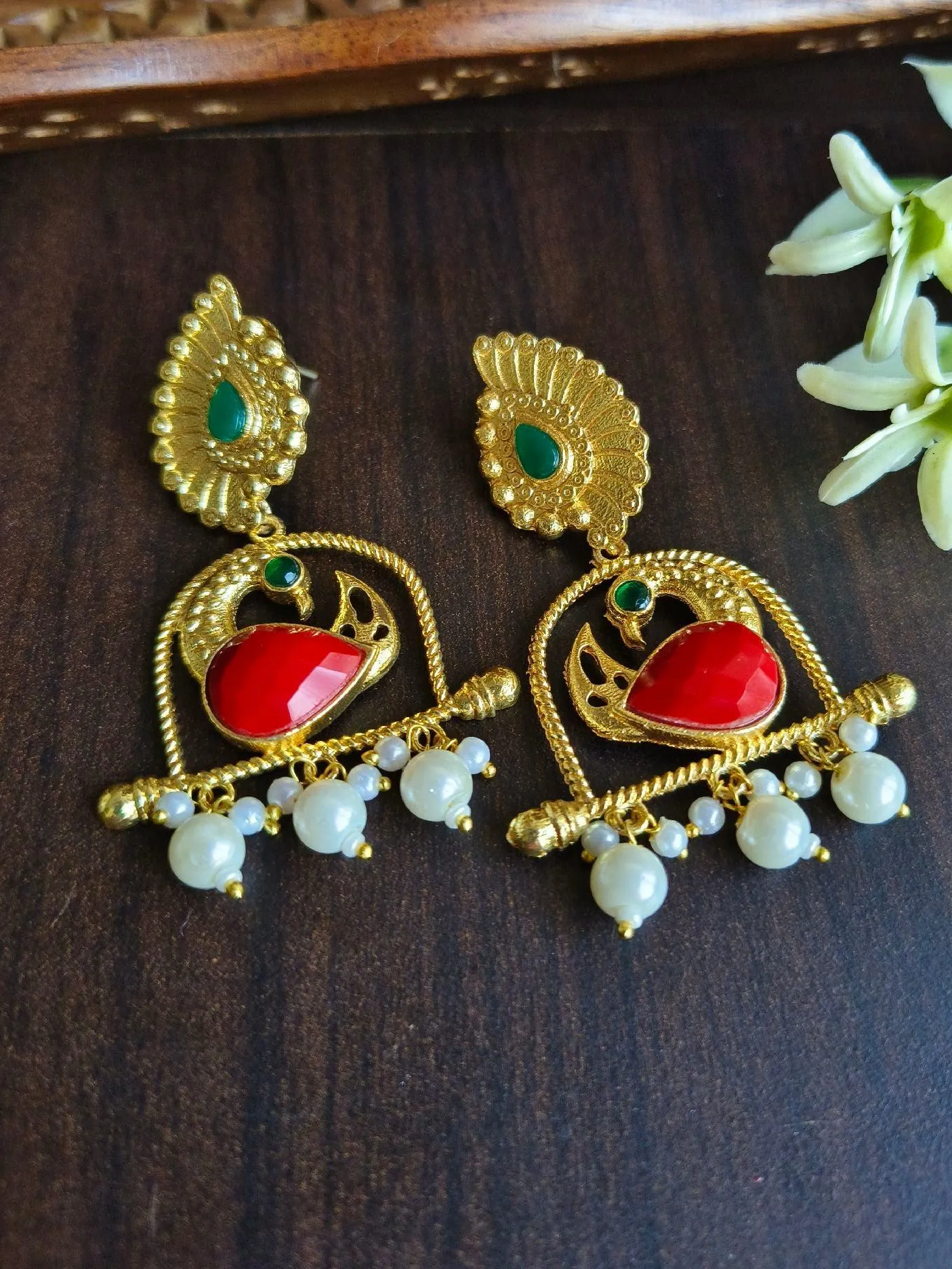 Brass Golden Finish Peacock Danglers with Pearl & Monalisa Stone | Sarichka